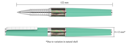Xezo - Vertical view of two Speed Master Aqua Green R-BC Rollerball pens; the one on the left is capped, and the one on the right is uncapped; Length is labeled 122 mm, width is labeled 11-12mm (Due to variation in natural shell)