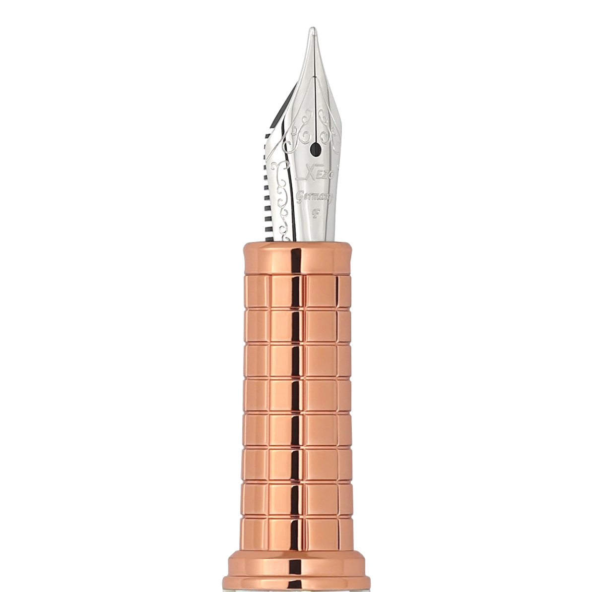 Close-up of Speedmaster Fine Fountain Pen Nib with rose gold grip