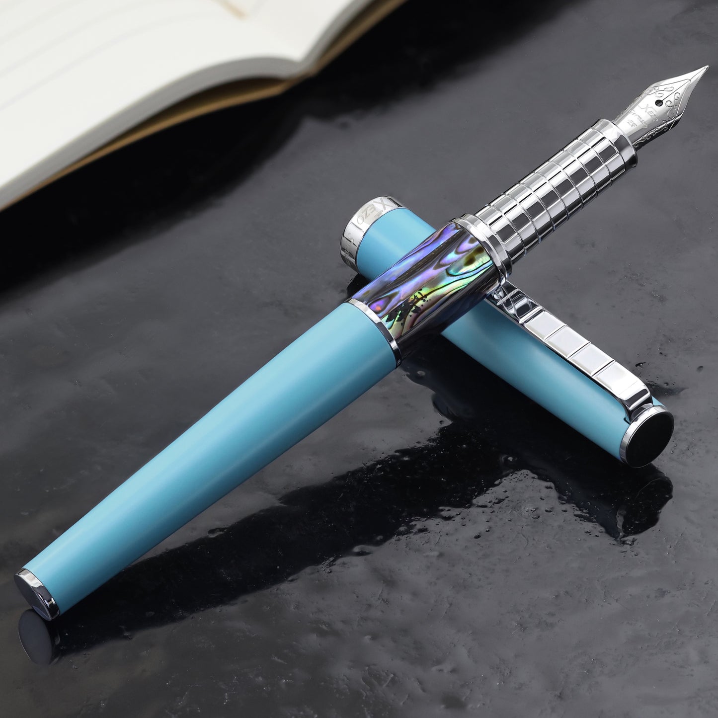 Speed Master Sky Blue EF-AC Fountain pen with a book