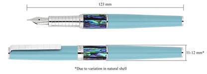 Xezo - Vertical view of two Speed Master Sky Blue EF-AC Fountain pens; the one on the left is capped, and the one on the right is uncapped; Length is labeled 123 mm, width is labeled 11-12mm (Due to variation in natural shell)