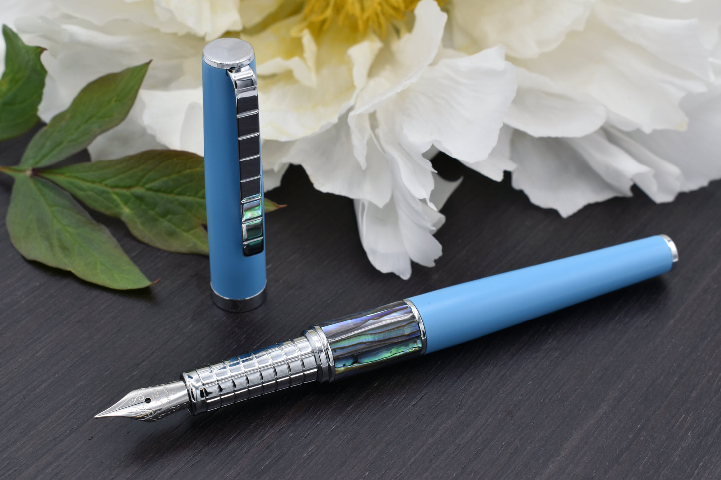 Speed Master Sky Blue F-AC Fountain pen with a peony flower