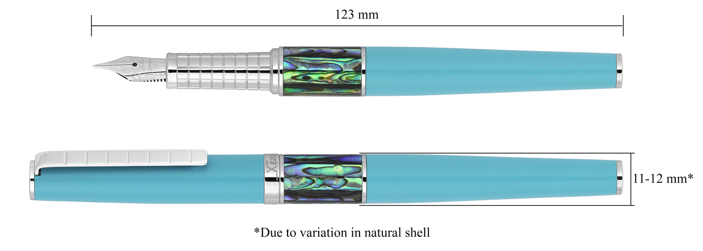 Xezo - Vertical view of two Speed Master Sky Blue F-AC Fountain pens; the one on the left is capped, and the one on the right is uncapped; Length is labeled 123 mm, width is labeled 11-12mm (Due to variation in natural shell)