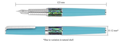 Xezo - Vertical view of two Speed Master Sky Blue F-AC Fountain pens; the one on the left is capped, and the one on the right is uncapped; Length is labeled 123 mm, width is labeled 11-12mm (Due to variation in natural shell)