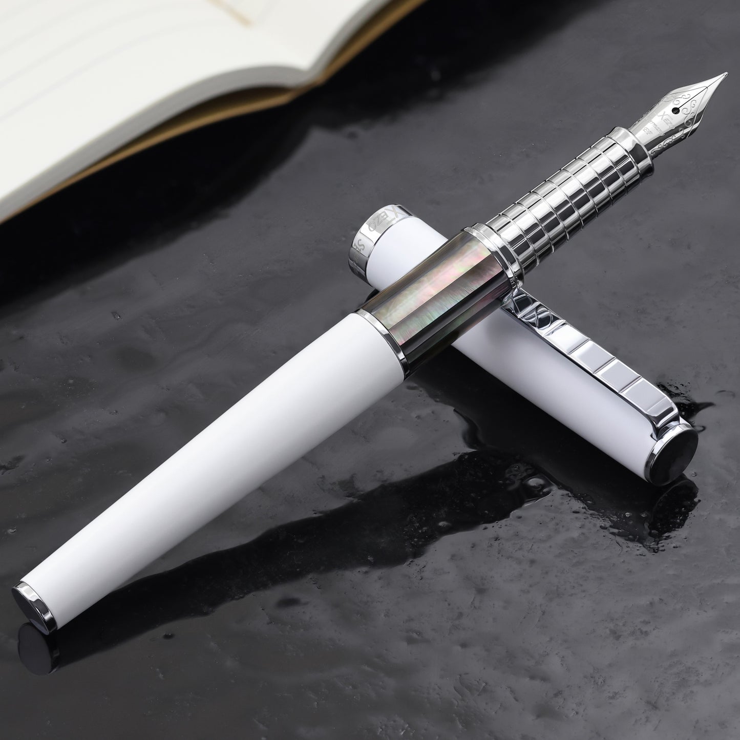Speed Master White EF-BC Fountain pen with a book