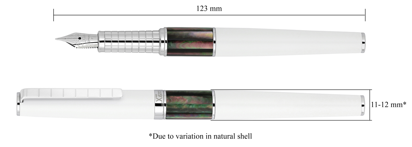 Xezo - Vertical view of two Speed Master White F-BC Fountain pens; the one on the left is capped, and the one on the right is uncapped; Length is labeled 123 mm, width is labeled 11-12mm (Due to variation in natural shell)