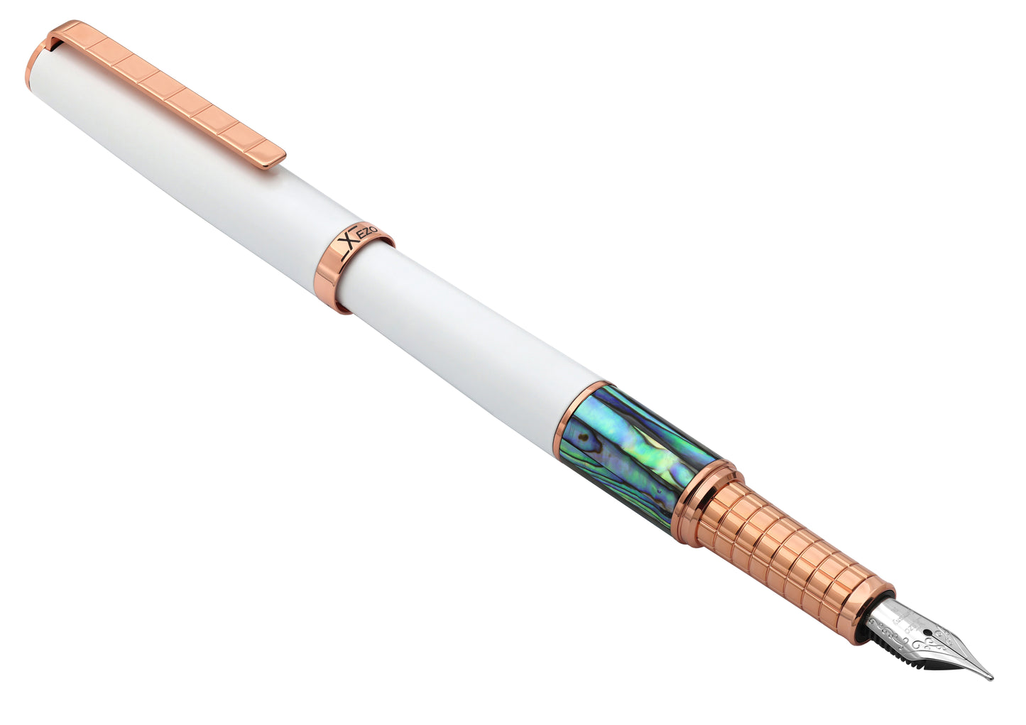Xezo - Angled alternate 3D view of the front of the Speed Master White FM-ARG Fountain pen