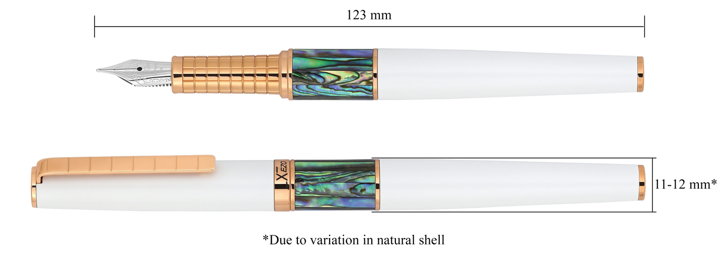 Xezo - Vertical view of two Speed Master White FM-ARG Fountain pens; the one on the left is capped, and the one on the right is uncapped; Length is labeled 123 mm, width is labeled 11-12mm (Due to variation in natural shell)