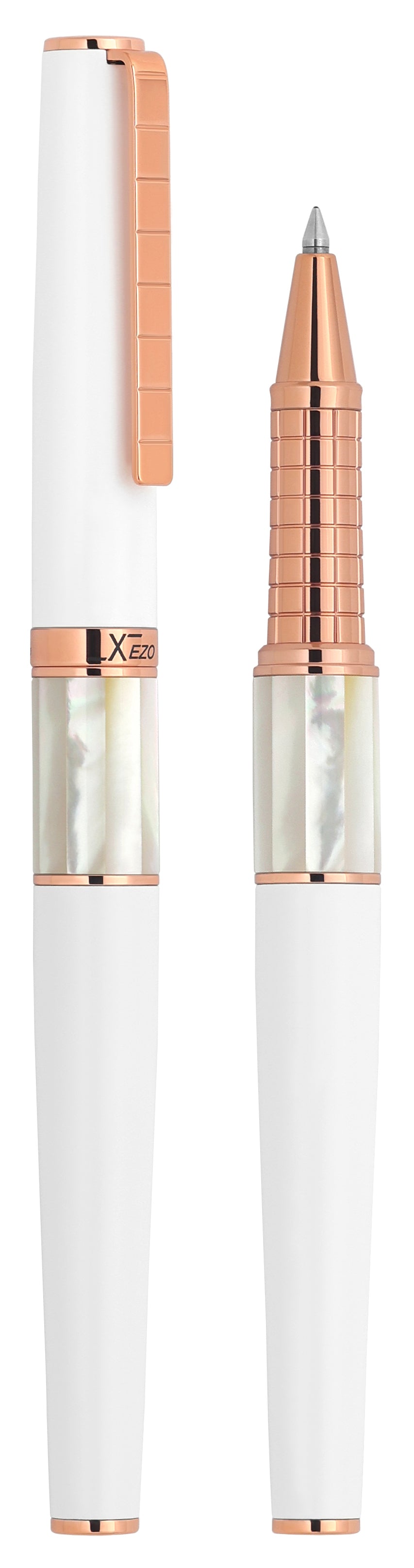 Xezo - Vertical view of two Speed Master White R-WRG Rollerball pens; the one on the left is capped, and the one on the right is uncapped