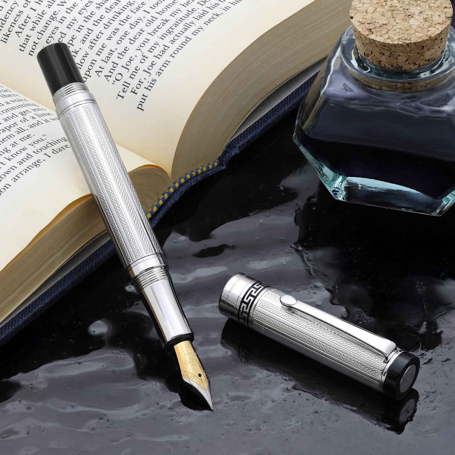 Tribune 925 Sterling Silver F Fountain pen with a book