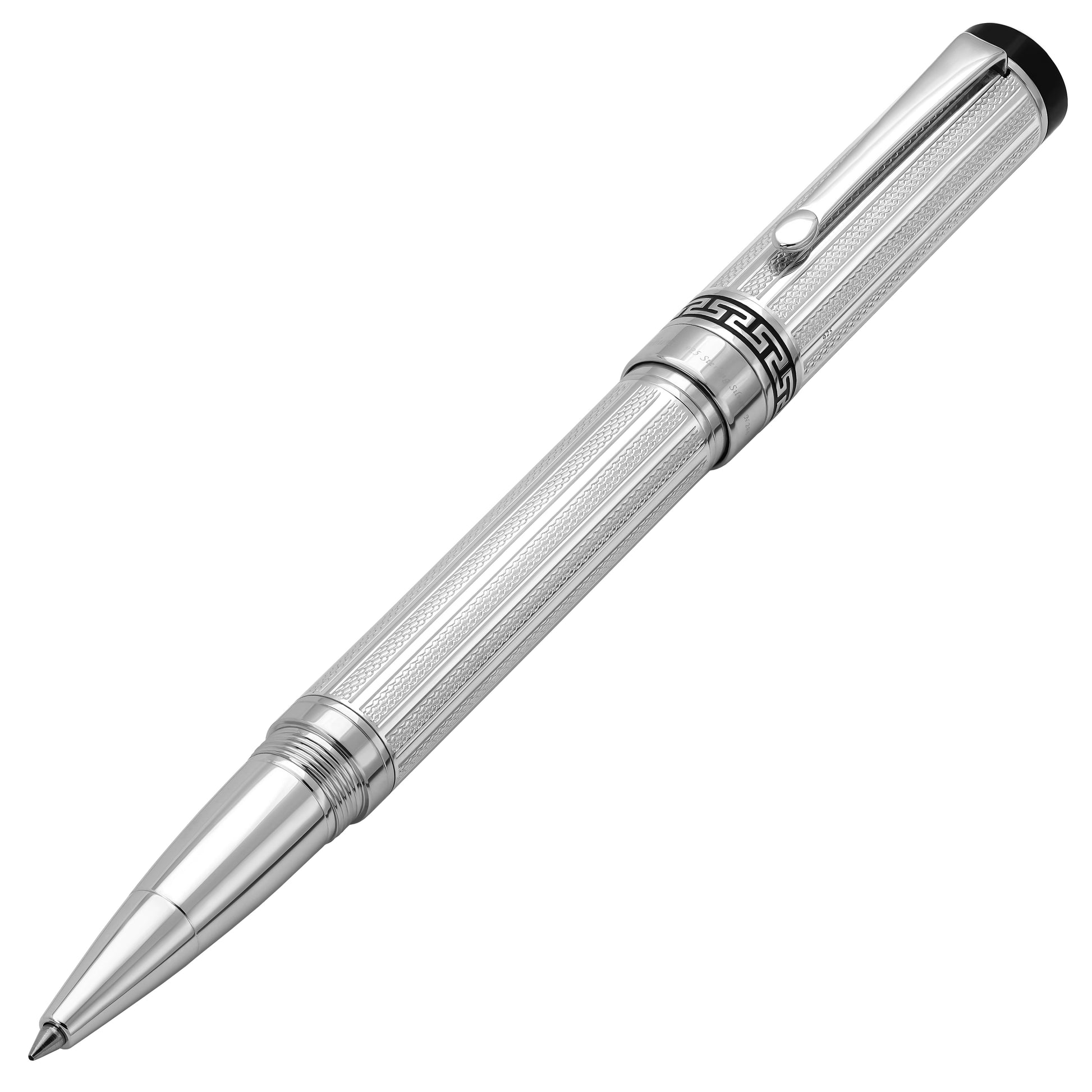 Xezo - Angled 3D view of the front of the Tribune 925 Sterling Silver R rollerball pen