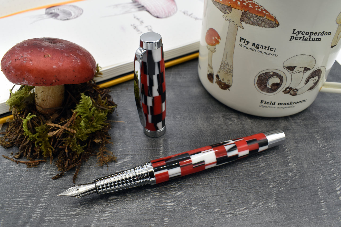 Urbanite II Trek F Fountain pen with whimsical red mushroom and sketchbook