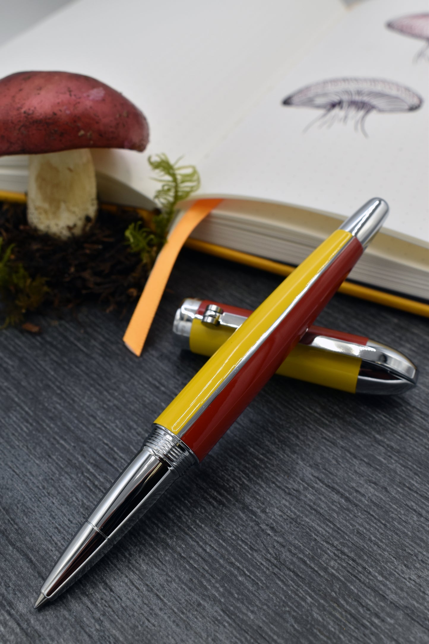 Visionary Aspen/Red R Rollerball pen with whimsical red mushroom and sketchbook