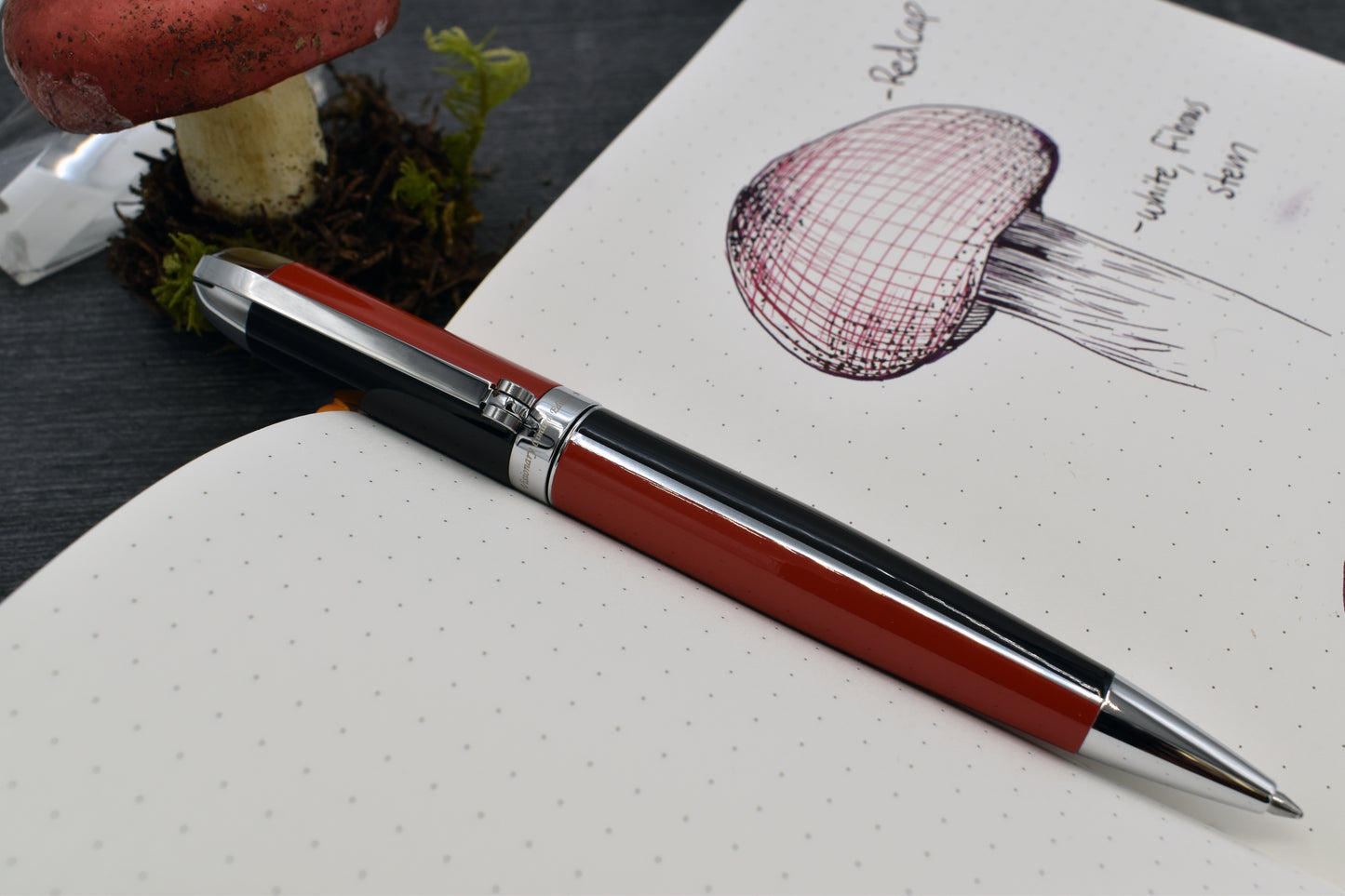 Visionary Red/Black R Rollerball pen with whimsical red mushroom and sketchbook