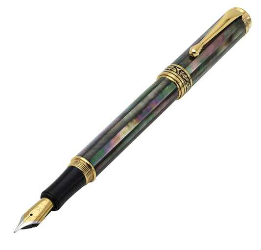 Xezo - Angled 3D view of the front of the Maestro Tahitian Black MOP F Fountain pen