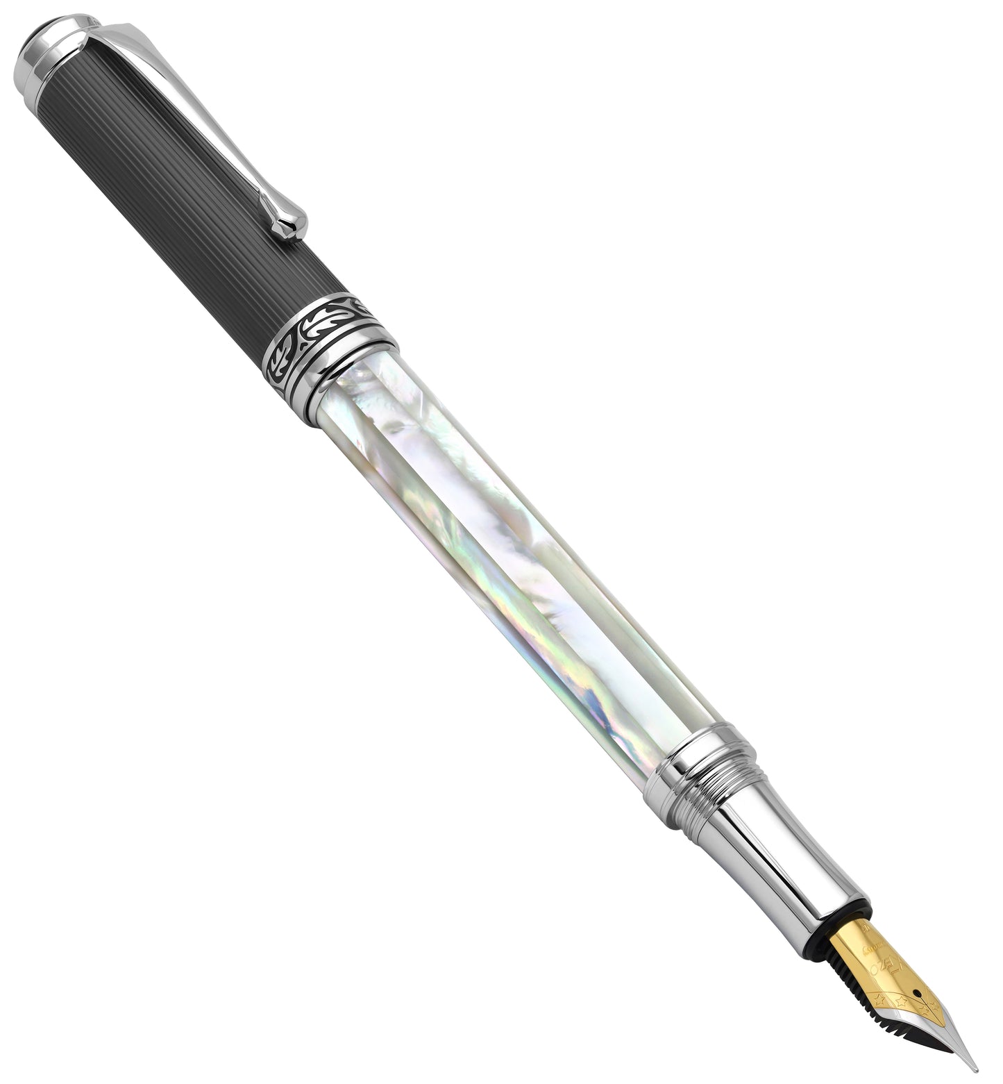 Xezo - Angled 3D view of the front of the Maestro White MOP PVD F Fountain pen
