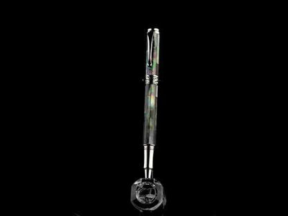 Xezo - A Maestro Black Mother of Pearl RBP-2 Rollerball pen standing on a turning pen stand