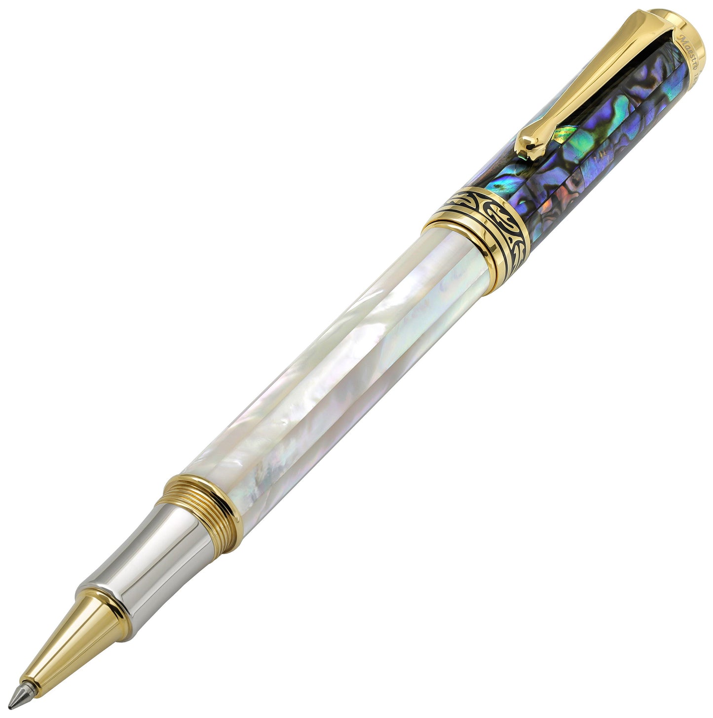 Xezo - Angled 3D view of the front of the Maestro MOP Sea Shell R Rollerball pen