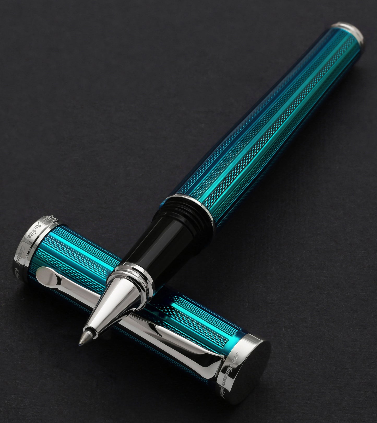 Xezo - Architect Azure Blue R rollerball pen resting on cap
