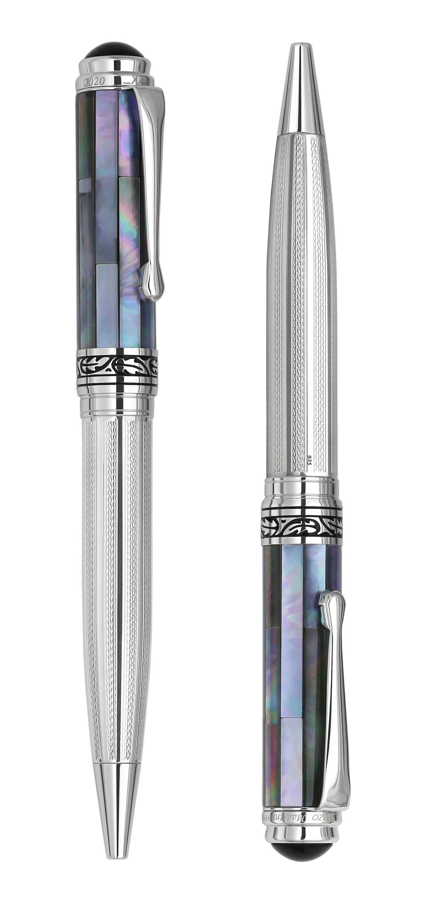 Xezo - Angled view of the side of two Maestro 925 BL MOP B ballpoint pens