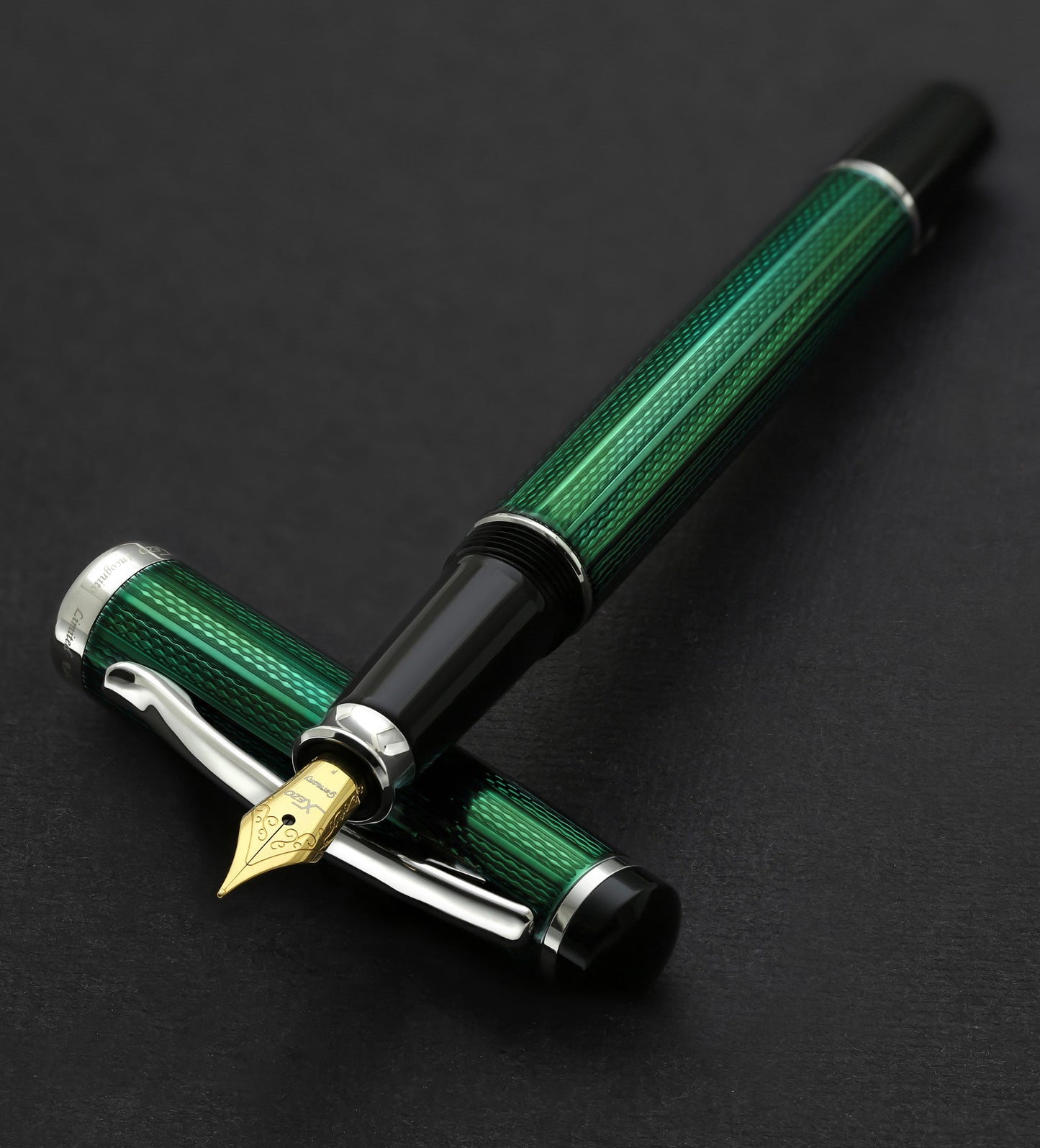 Xezo - Incognito Forest F fountain pen resting on its cap