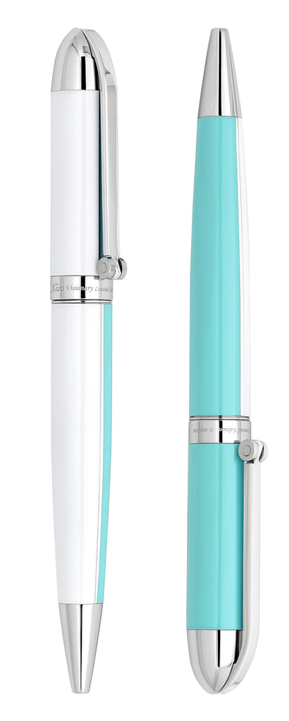 Xezo - Comparison between two side views of the Visionary Sky Blue/White B ballpoint pen in neutral-tip position