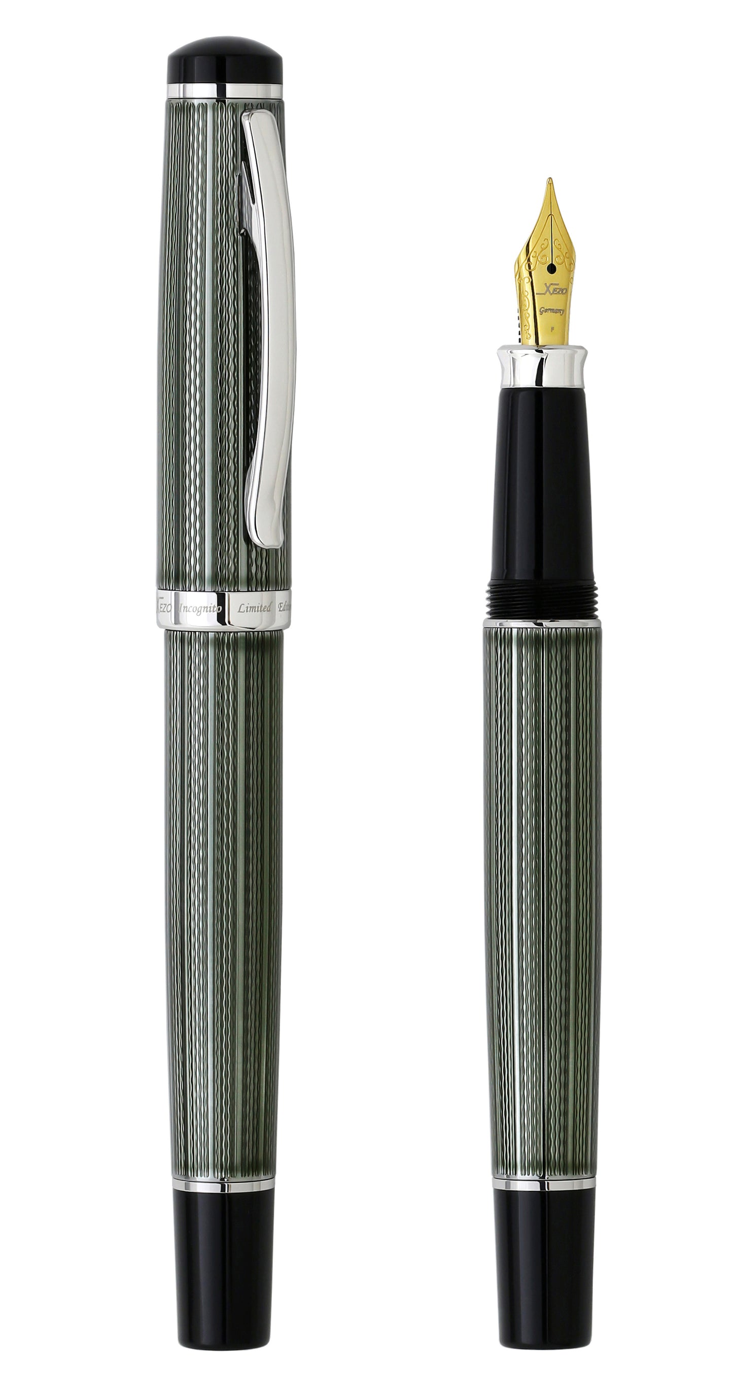 Xezo - Comparison between the angled side view of the capped and uncapped Incognito Zinc F-1 fountain pen