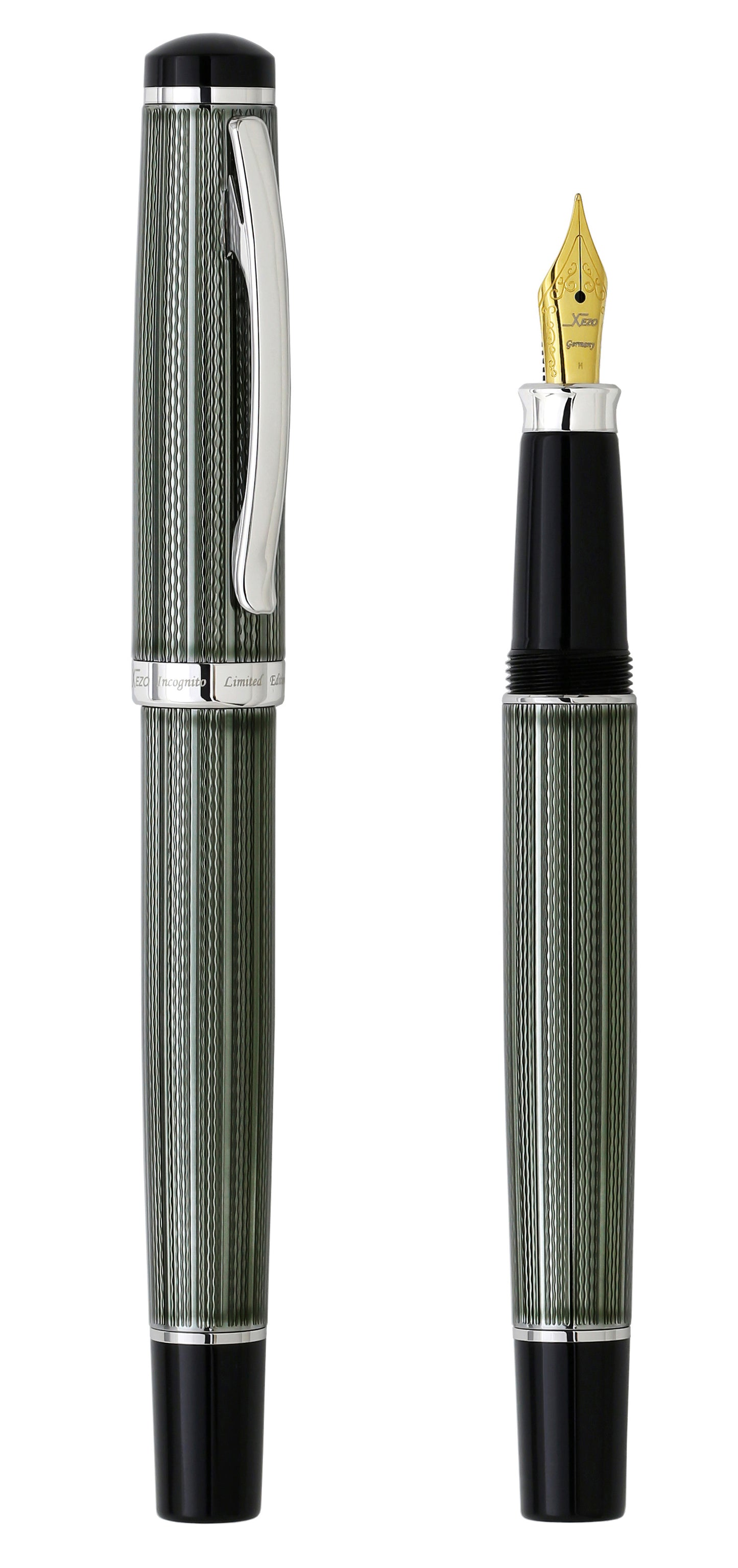 Xezo - Comparison between the angled side view of the capped and uncapped Incognito Zinc FM fountain pens
