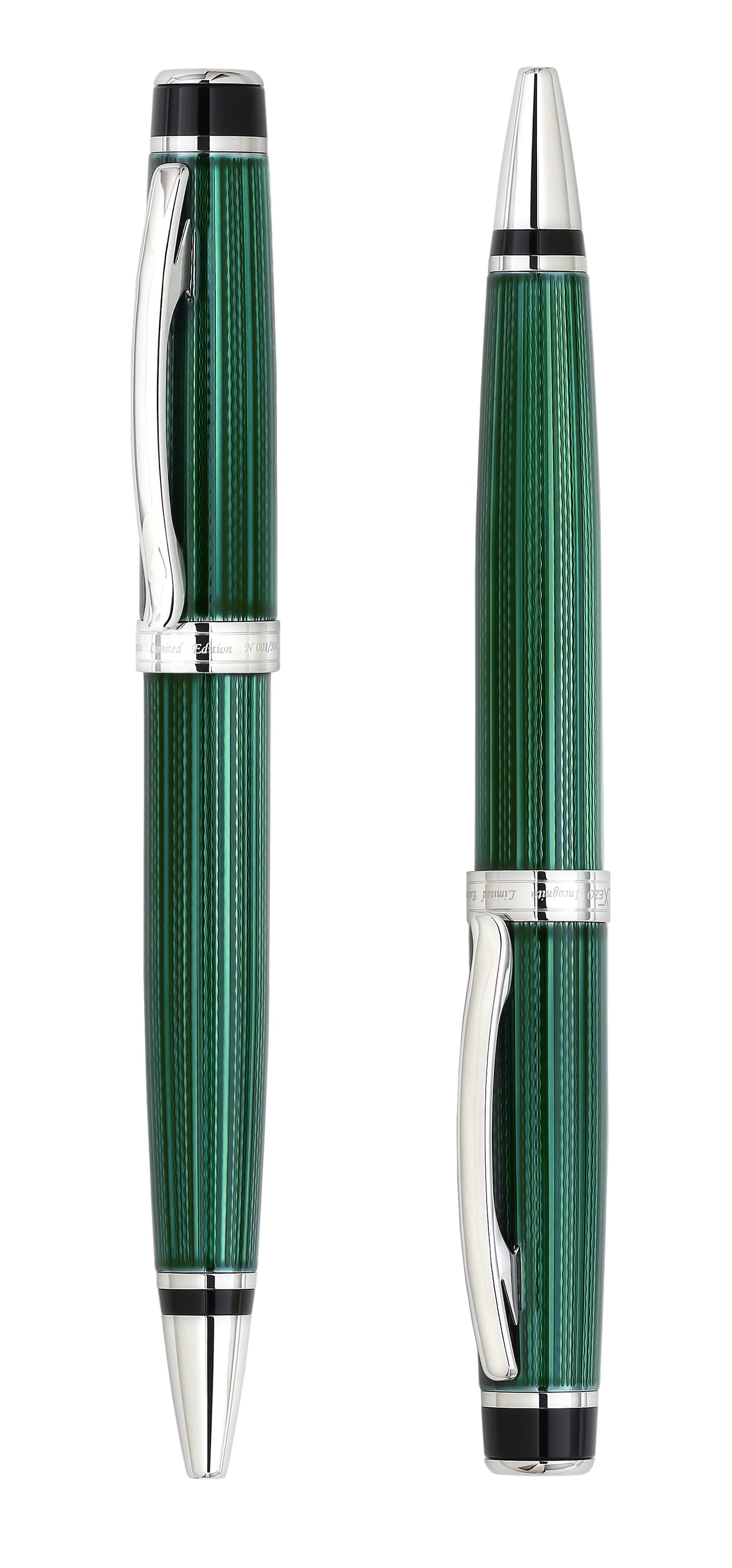 Xezo - Angled view of the front of two Incognito Forest ballpoint pens