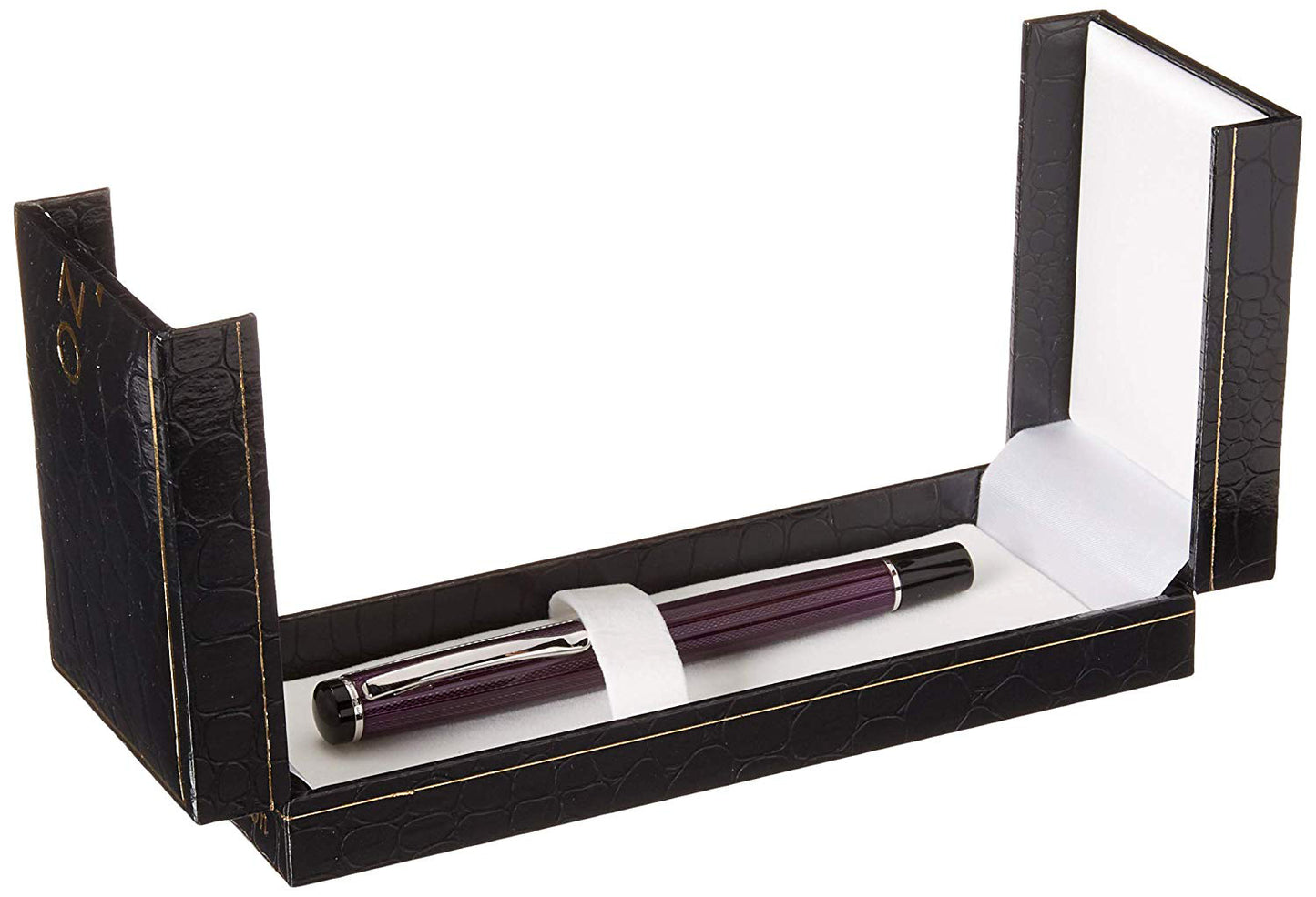 Xezo - Incognito Purple F fountain pen in an open black gift box