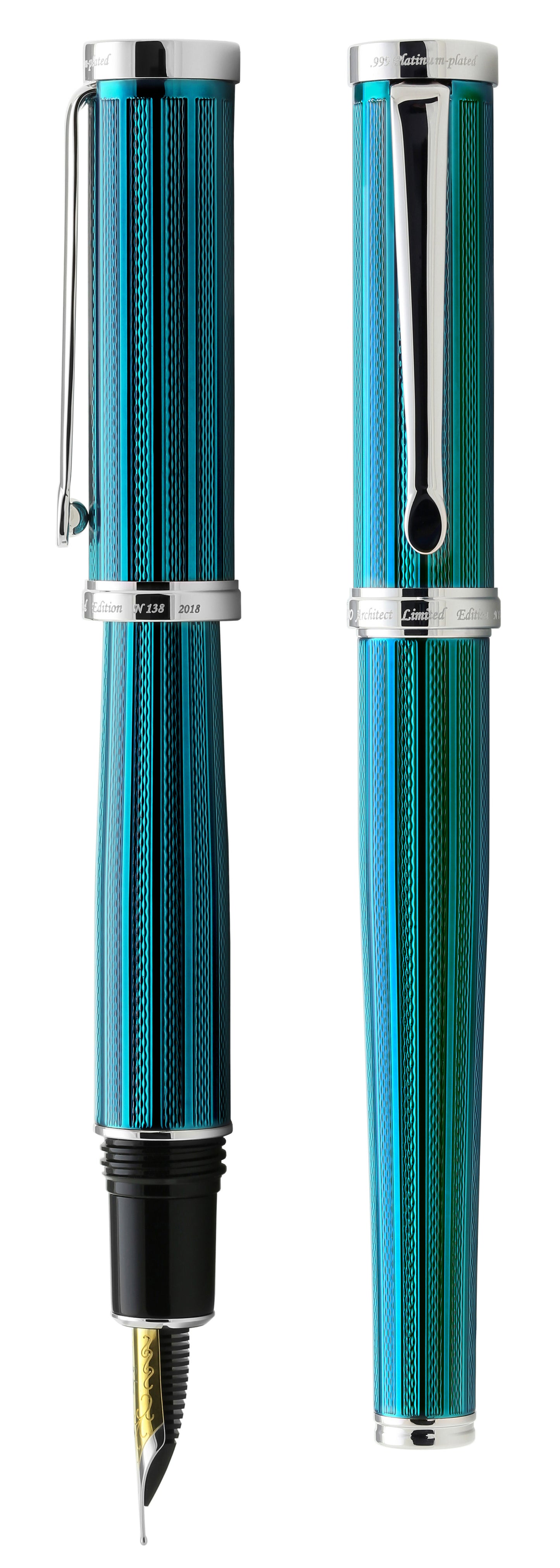 Xezo - Side view comparison between capped and uncapped Architect Azure Blue F-2 fountain pens