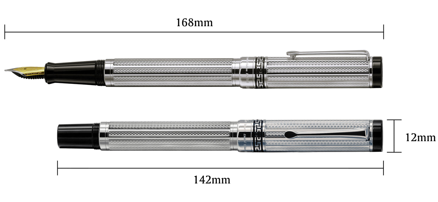 Xezo - Comparison between capped and uncapped Tribune Platinum F fountain pens. the uncapped Tribune Platinum F fountain pen measures 168mm in length and the capped Tribune Platinum F fountain pen measures 142mm in length and 12mm in width
