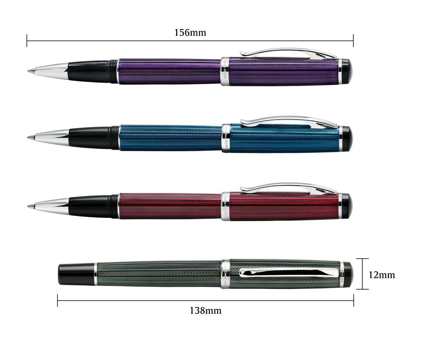 Xezo - Comparison between three uncapped Incognito rollerball pens and a capped Incognito rollerball pen. The uncapped Incognito rollerball pen measures 156mm in length and the capped Incognito rollerball pen measures 138mm in length and 12mm in width.