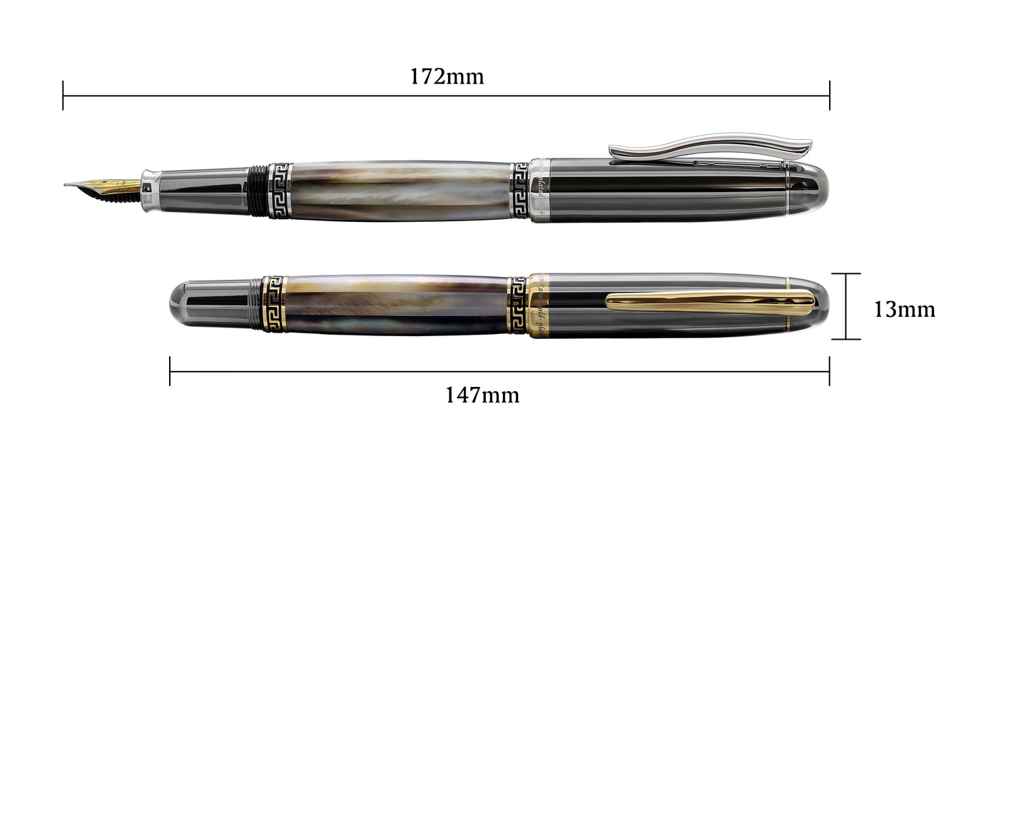 Xezo - Comparison between horizontal capped and uncapped Maestro Black MOP Tungsten F-PL fountain pens. The uncapped Maestro Black MOP Tungsten fountain pen measures 172mm in length and the capped Maestro Black MOP Tungsten fountain pen measures 147mm in length and 13mm in width.