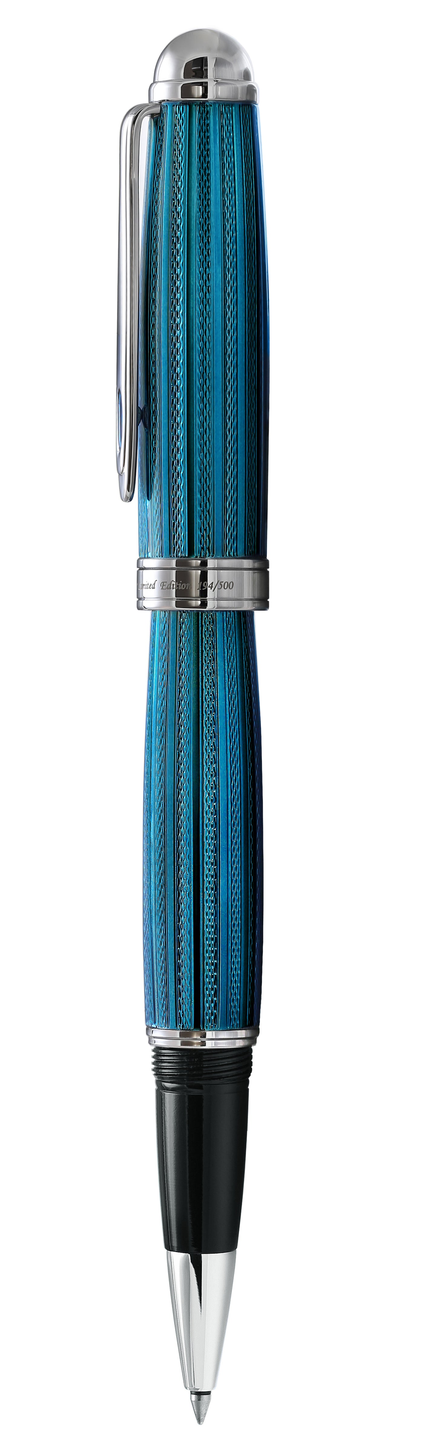 Xezo - Vertical side view of the Freelancer Venetian Blue R rollerball pen, with the cap posted on the end of the barrel.