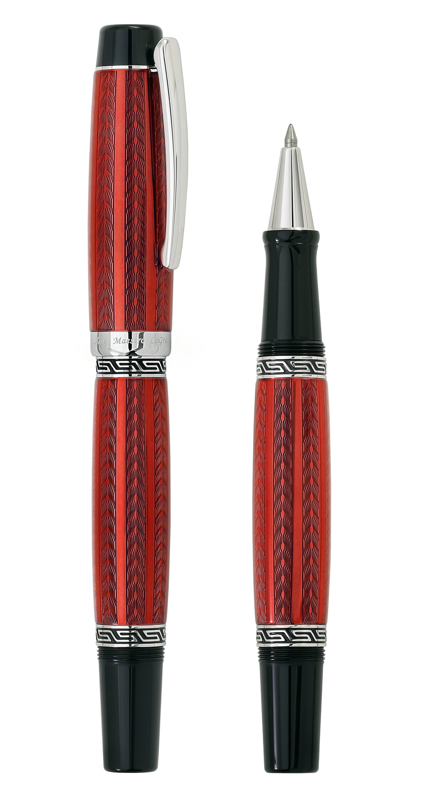 Xezo - Comparison between the angled view of the side of capped and uncapped Maestro LeGrand Rhodochrosite R rollerball pens