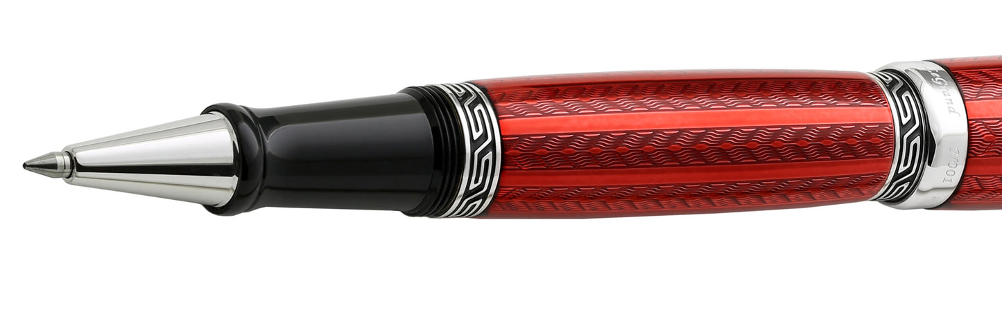 Xezo - Image of the tip, patterned middle ring, and textured body of the Maestro LeGrand Rhodochrosite R rollerball pen