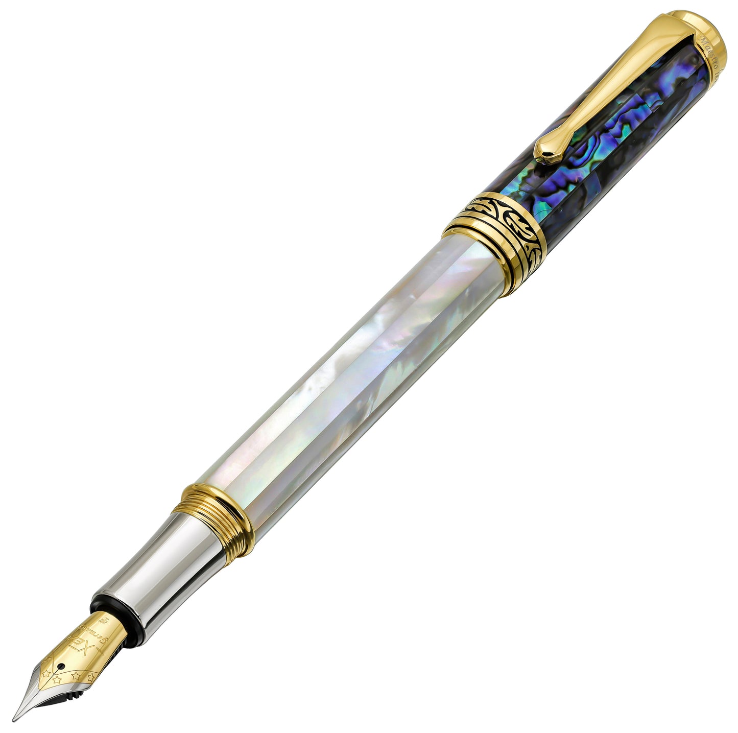 Xezo - Angled front view of the Maestro MOP Sea Shell F fountain pen