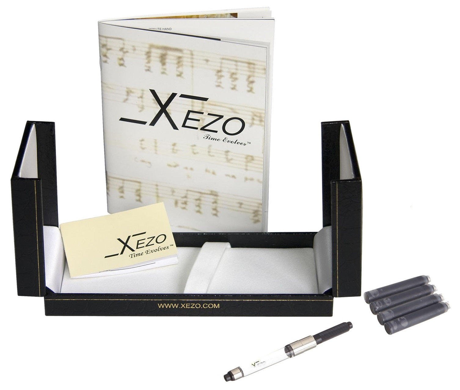 Xezo - Black gift box, certificate, manual, chrome-plated ink converter, and four ink cartridges of the Visionary Aspen/Red FM fountain pen