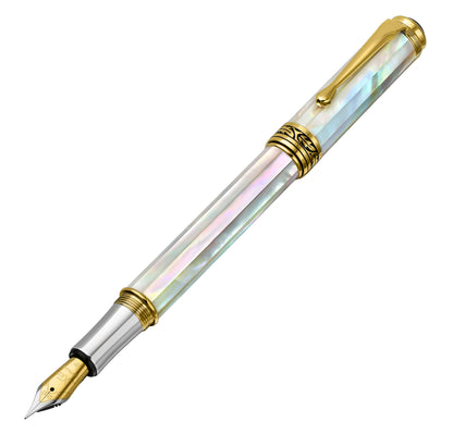 Angled front view of the Maestro White MOP F fountain pen