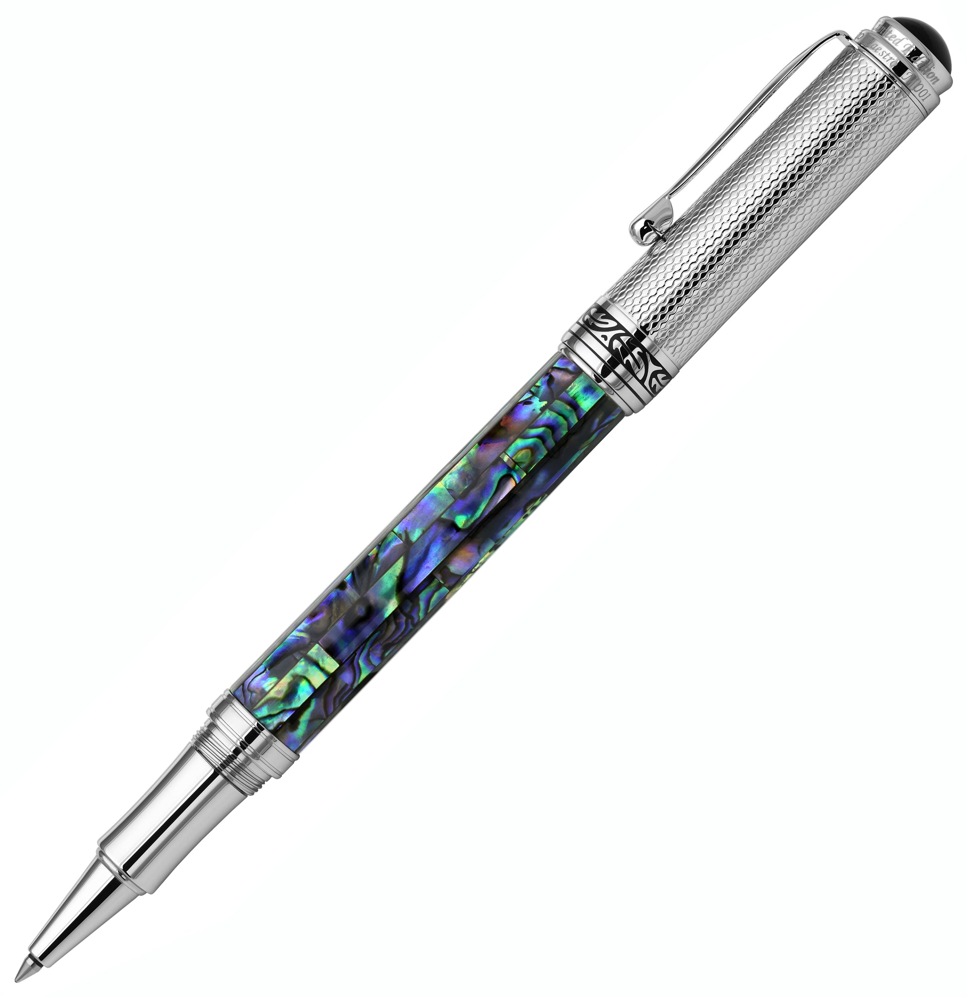 Xezo - Angled side view of the Maestro Paua Abalone Chrome R fountain pen, with the cap posted on the end of the barrel