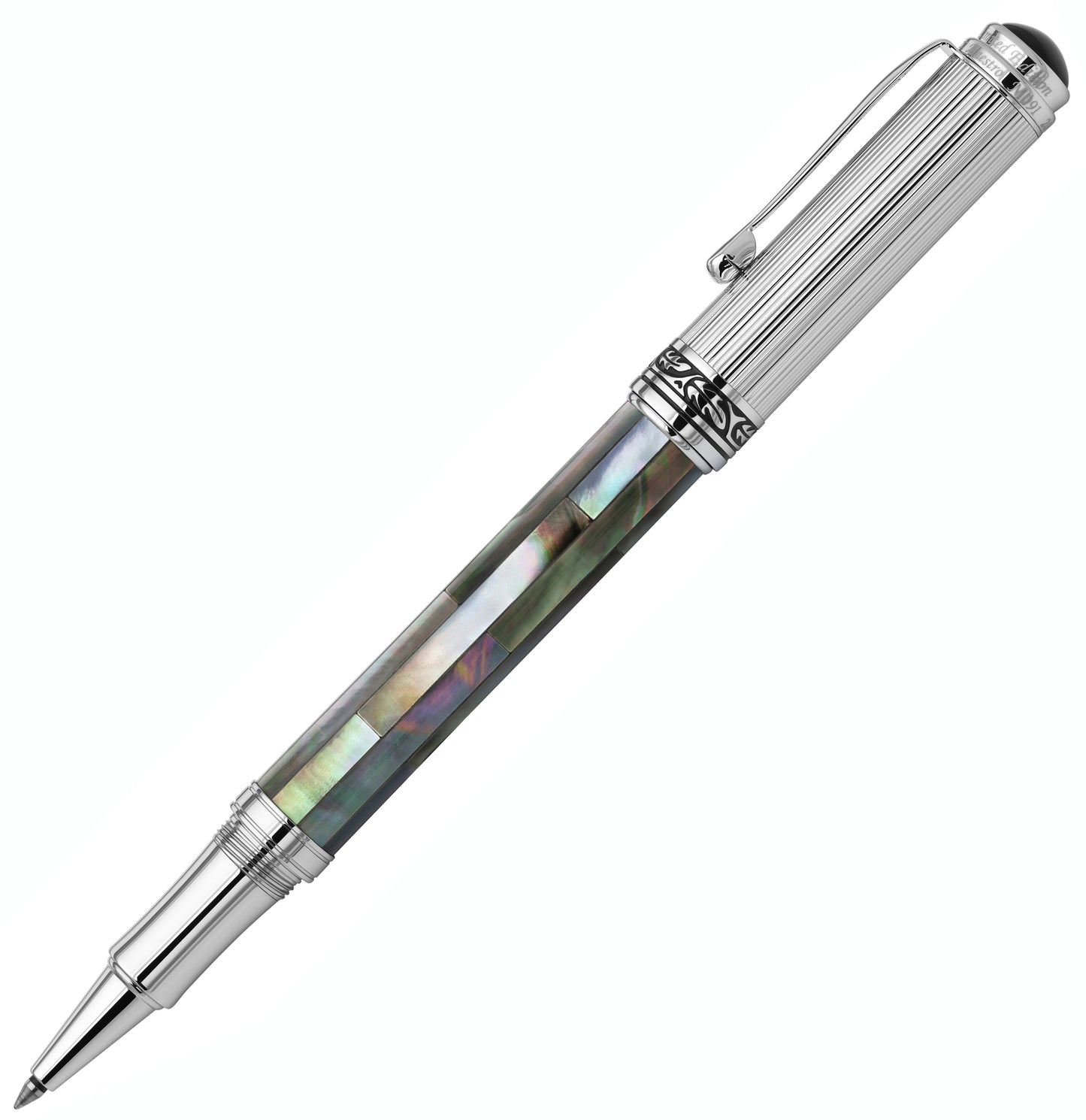 Angled side view of the Maestro Black MOP Chrome R rollerball pen, with the cap posted on the end of the barrel