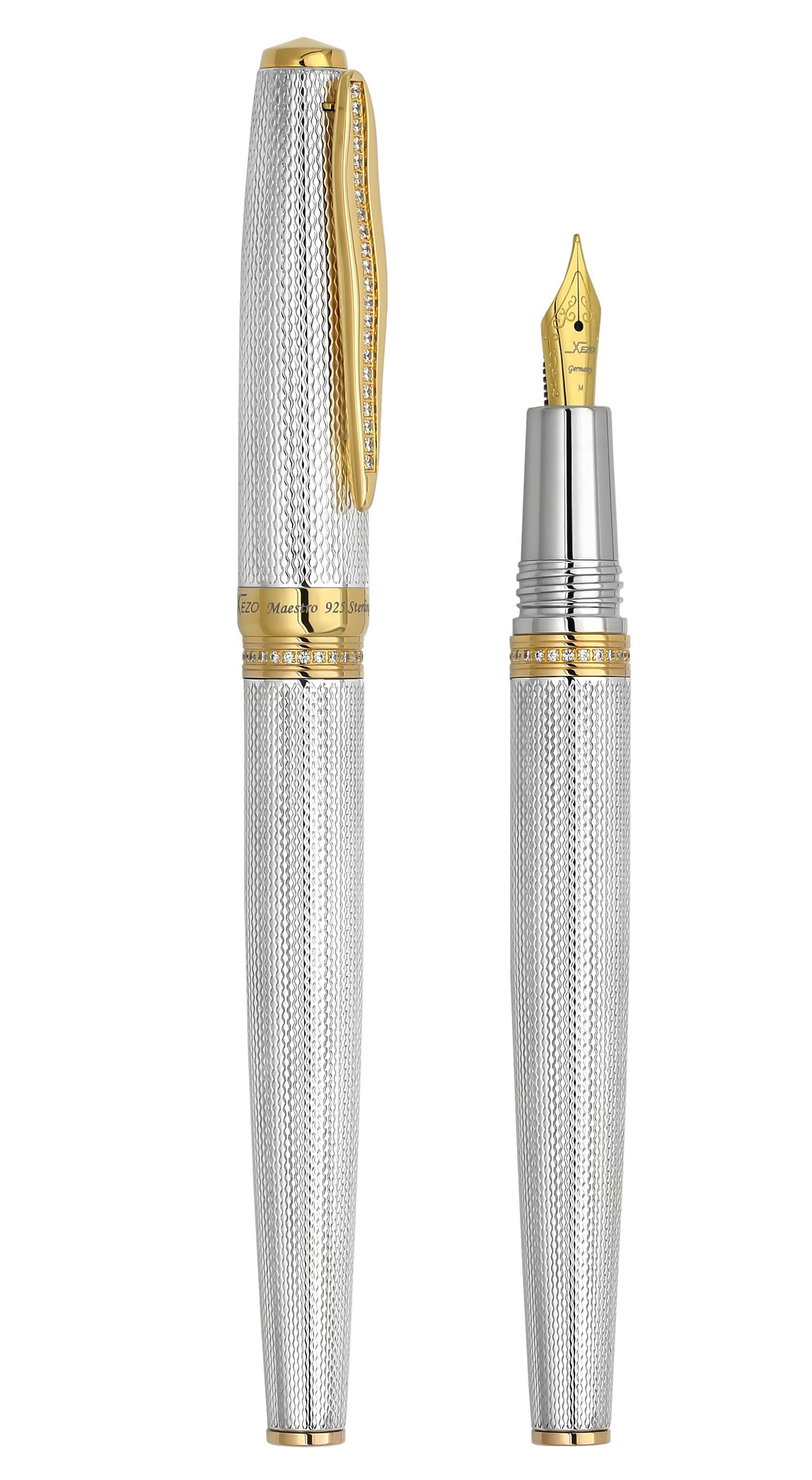 Xezo - Maestro 925 Sterling Silver F-2 pen, side-by-side view with one pen capped and one pen uncapped