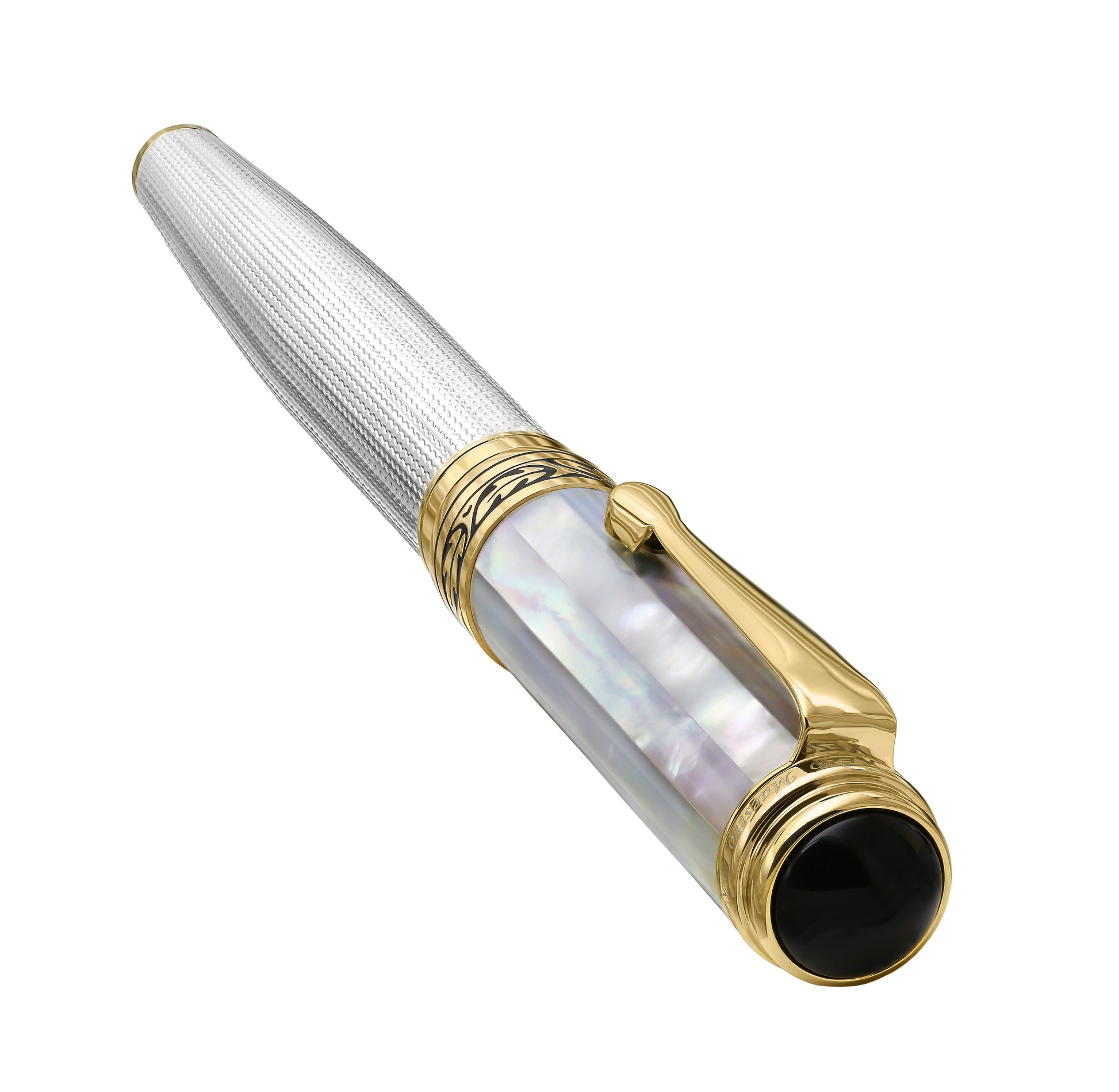 Xezo - Angled 3D view of the back of a capped Maestro 925 White MOP F fountain pen