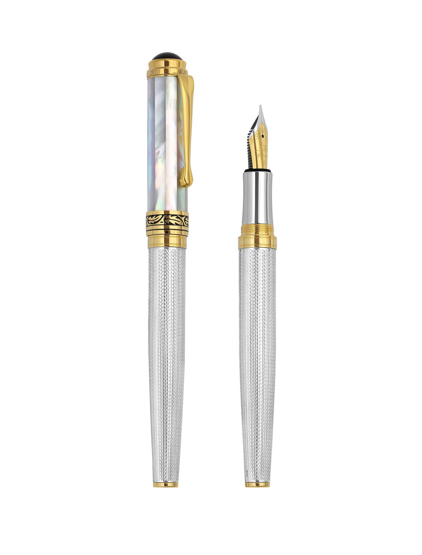 Xezo - Comparison between the angled view of the side of capped and uncapped Maestro 925 White MOP F fountain pens