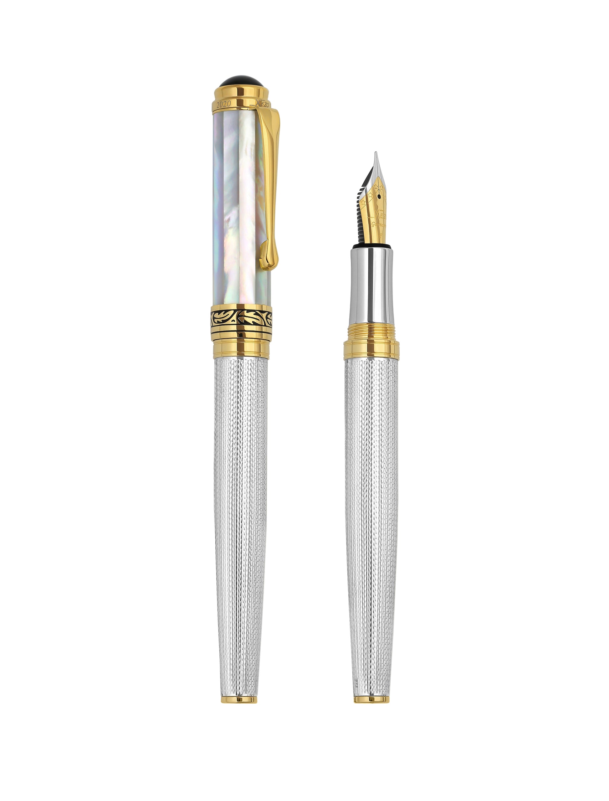 Xezo - Comparison between the angled view of the side of capped and uncapped Maestro 925 White MOP F fountain pens
