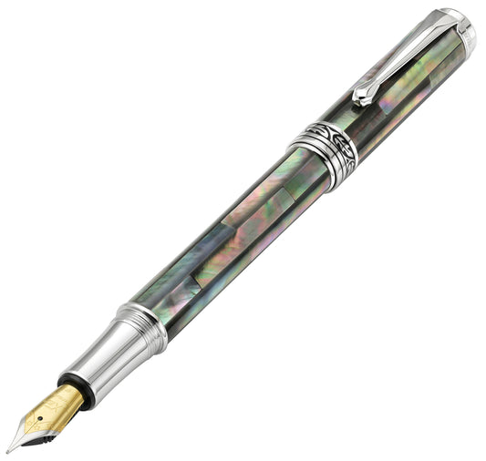 Xezo - Angled front view of the Maestro Black Mother of Pearl FBP-2 fountain pen, with the cap posted on the end of the barrel