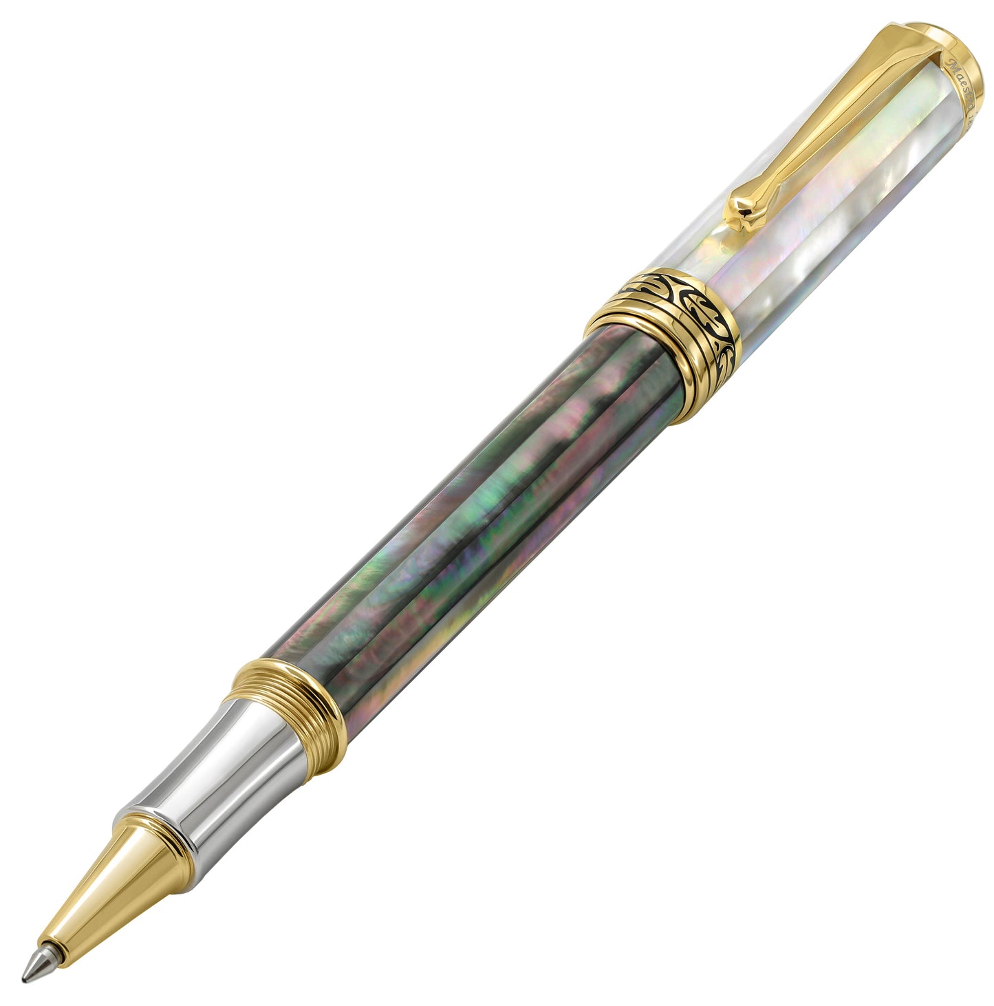 Xezo - Angled front view of the Maestro Black and White MOP RG rollerball pen, with the cap posted on the end of the barrel