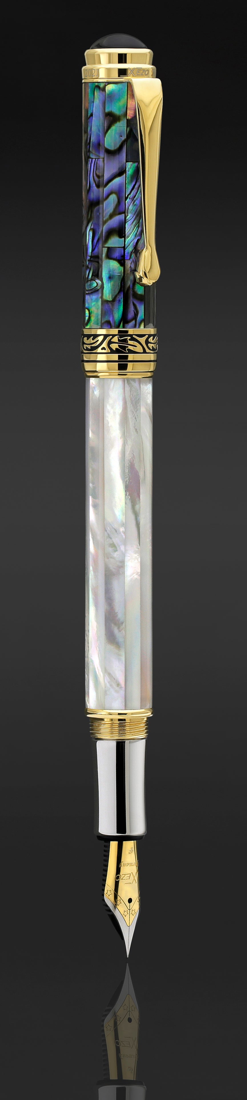 Xezo - Vertical view of Maestro MOP Sea Shell F fountain pen with the cap posted on the end of the barrel