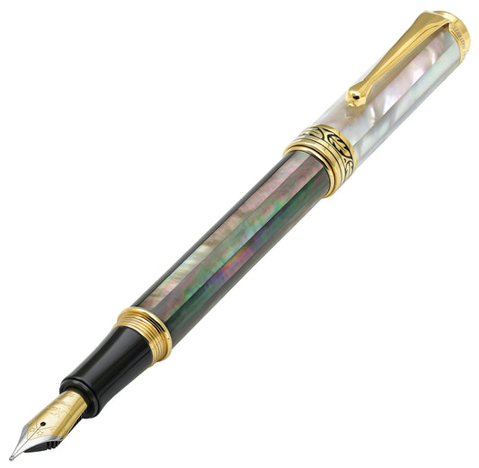 Xezo - Angled front view of the Maestro Black and White MOP FMG fountain pen, with the cap posted on the end of the barrel