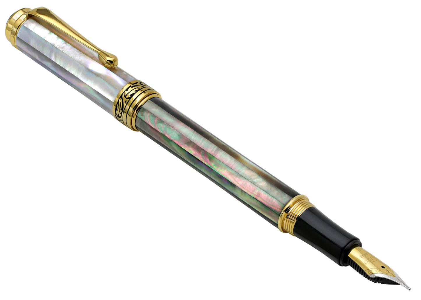 Xezo - Angled front view of the Maestro Black and White MOP FMG fountain pen, with the cap posted on the end of the barrel